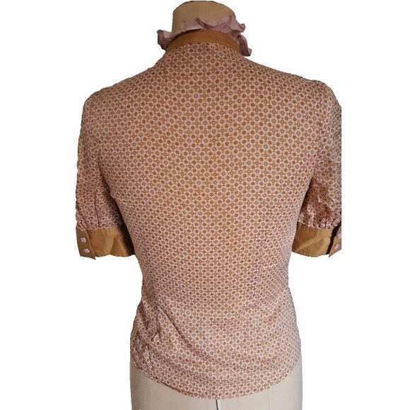 Cute ruffled Penguin pink and tan geometric print button down cotton shirt top - Picture 8 of 11
